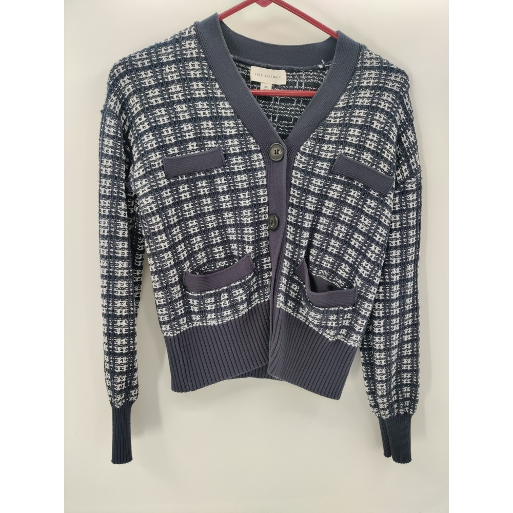 Free Assembly Blue White Plaid Tweed Cardigan‎ Sweater Women's Size XS